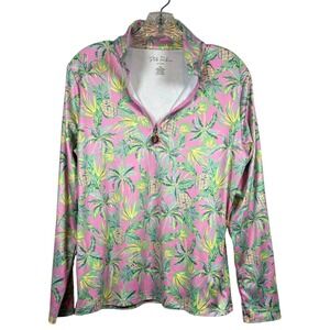 STELLA PARKER Sport, Pink Pine Green Palm Sleeve Mock Golf Shirt, Size M